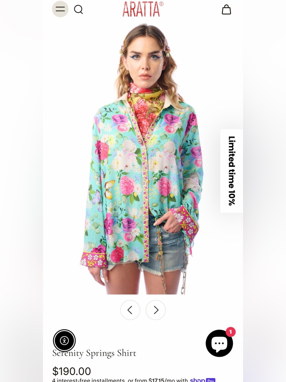 Aratta Serenity Springs Floral Button-Down Shirt in Aqua with Pink Accents  $190